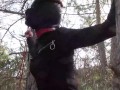 Tied to a tree on a sexy outfit, masked and outdoor deepthroat with no mercy