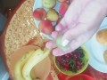 Kinky Girl Puts Fruits In Her Panties And Inserting Them Into Pussy - Angel Fowler