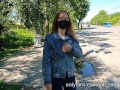 Exhibitionist girl flash tits on a busy street