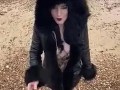 British babe Smoking and flashing on the beach 