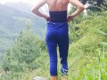Slim fitness girl in yoga pants pissing Outdoor - Angel Fowler pees in mountains 