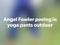 Slim fitness girl in yoga pants pissing Outdoor - Angel Fowler pees in mountains 
