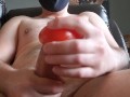 Destroying a tomato and cucumber with my cock