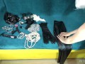 Long ASMR Mistress in leather leggings is choosing devices for her slave