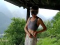 Skinny girl Wearing trekking dress and shoes on the balcony - Angel Fowler 