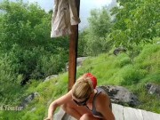Skinny girl Wearing trekking dress and shoes on the balcony - Angel Fowler 