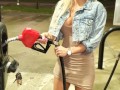 Pumping gas prank in my THONG PANTY. Guys get UPSKIRT FLASH