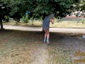 Slut walks in a mini dress with a fully transparent skirt
