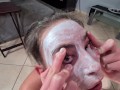 Spa girl gets cum in her eyes and pissed on