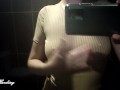 Alice in a beige suit sits in a bar walking down the street and posing near the mirror showing tits