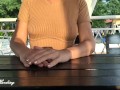 Alice in a beige suit sits in a bar walking down the street and posing near the mirror showing tits