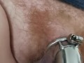 Chastity tease with vibrator and ball slapping