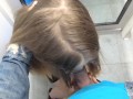Risky Public Blowjob: Petite girl sucking in a shop changing room
