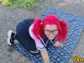 cute schoolgirl with pink hair in glasses and stockings gives a blowjob and gets anal sex