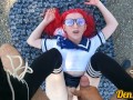 cute schoolgirl with pink hair in glasses and stockings gives a blowjob and gets anal sex