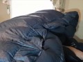 Puffy Jacket Lover Humping Huge Down bag Comforter Until He Cums. Shiny Nylon Bed Humping!!