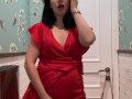 Hot brunette in red dress masturbates in a public restaurant