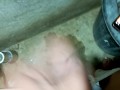 Jerking in bath room while rainy out side.