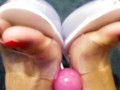 Long red toenails and big dildo and high heels