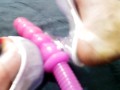 Long red toenails and big dildo and high heels