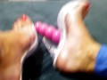 Long red toenails and big dildo and high heels