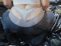 Girl in tight yoga pants pissing