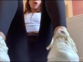 Youga pants home workout in white sneakers - amateur female orgazm