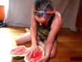 Solo Pussy-loving MILF Licks, Fists, Squirts on Watermelon; Eats Squirt; Messy!