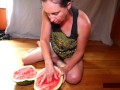 Solo Pussy-loving MILF Licks, Fists, Squirts on Watermelon; Eats Squirt; Messy!