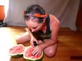 Solo Pussy-loving MILF Licks, Fists, Squirts on Watermelon; Eats Squirt; Messy!