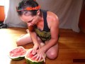 Solo Pussy-loving MILF Licks, Fists, Squirts on Watermelon; Eats Squirt; Messy!