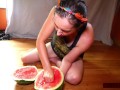 Solo Pussy-loving MILF Licks, Fists, Squirts on Watermelon; Eats Squirt; Messy!