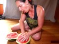 Solo Pussy-loving MILF Licks, Fists, Squirts on Watermelon; Eats Squirt; Messy!