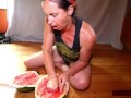 Solo Pussy-loving MILF Licks, Fists, Squirts on Watermelon; Eats Squirt; Messy!