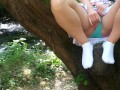 Hot Russian girl touch herself and peeing by the river on a tree!