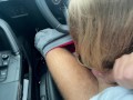 Sloppy handjob and balls licking in car at supermarket parking lot with huge cumshot - Public