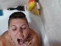 Pissing on girlfriend while she was sitting a bathtub