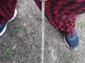 Outdoor fast pissing with neighbor in her yard