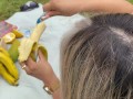 Squirting a huge cucumber on a picnic day!  Naty delgado