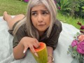 Squirting a huge cucumber on a picnic day!  Naty delgado