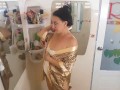 Nice lady in the shower room trying on a leopard robe and white linen. Try on haul underwear cam 1-1