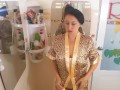 Nice lady in the shower room trying on a leopard robe and white linen. Try on haul underwear cam 1-1