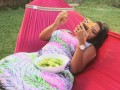 Beautiful Latina wife Jolla gets pussy eaten while lounging on a hammock