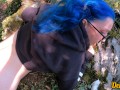 schoolgirl with blue hair in glasses loves to have sex in public and gets cum