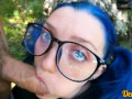 schoolgirl with blue hair in glasses loves to have sex in public and gets cum