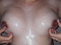 Horny bitch play with her big tits and large nipples