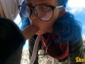 cutie with butt plug and jacket glasses with blue hair loves to have sex sucking dick on the river