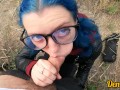 cutie with butt plug and jacket glasses with blue hair loves to have sex sucking dick on the river
