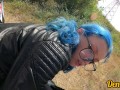 cutie with butt plug and jacket glasses with blue hair loves to have sex sucking dick on the river
