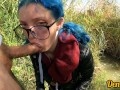 cutie with butt plug and jacket glasses with blue hair loves to have sex sucking dick on the river
